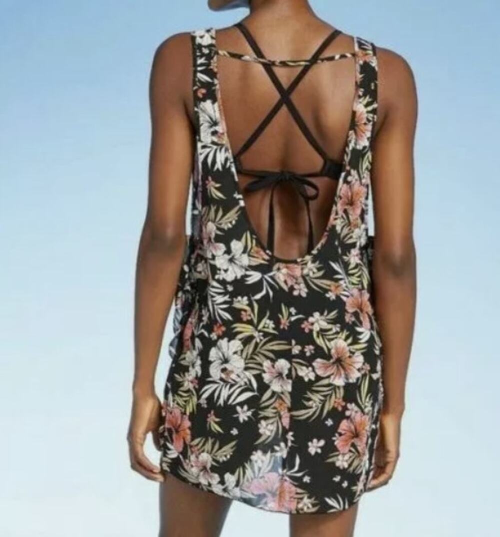 Xhilaration Juniors Pool Dress Side Tie Black Floral Swim Cover Up Small NEW
